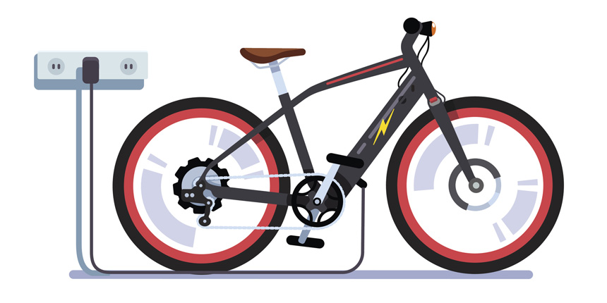 Black electric bike with thunderbolt detail plugged into a charging point.