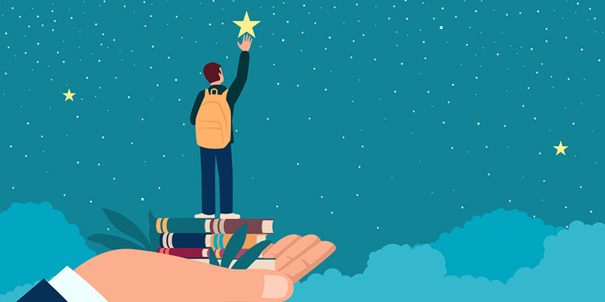 Graphic of man standing on books on giant hand reaching for stars