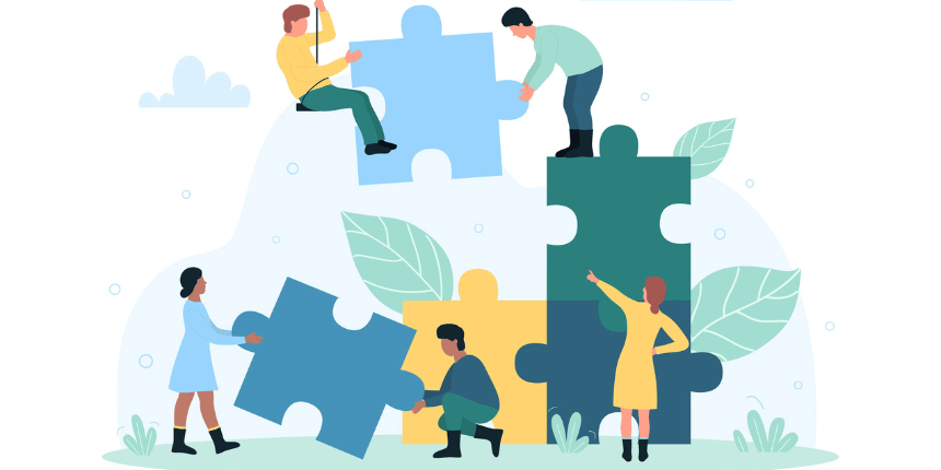 Illustration on people working together on large jigsaw 